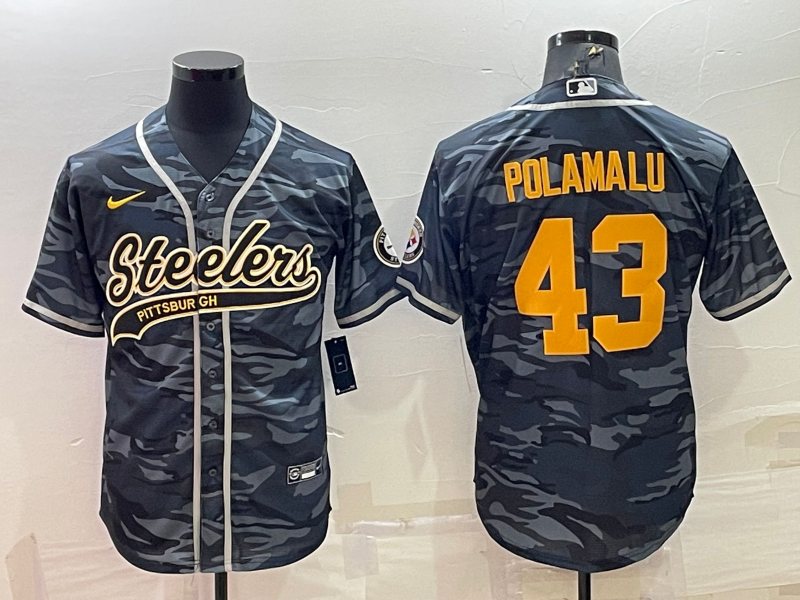 Men's Pittsburgh Steelers #43 Troy Polamalu Grey/Navy Camo With Patch Cool Base Stitched Baseball Jersey